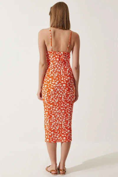Women's Orange Floral Slit Summer Knit Dress CI00029 - 4