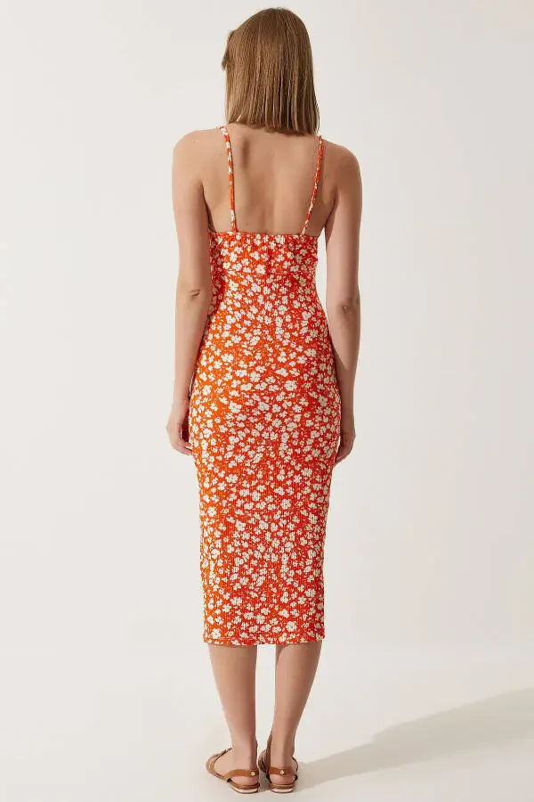 Women's Orange Floral Slit Summer Knit Dress CI00029 - 4