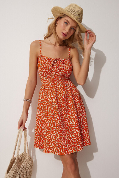 Women's Orange Floral Strappy Summer Mini Knit Dress FF00112 - HAPPINESS İSTANBUL