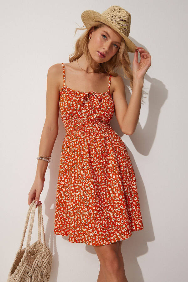 Women's Orange Floral Strappy Summer Mini Knit Dress FF00112 - 1
