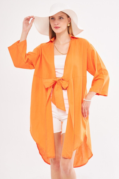 Women's Orange Front-Tie Slim Linen Fabric Midi - ARMONIKA