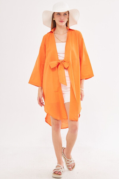 Women's Orange Front-Tie Slim Linen Fabric Midi - ARMONIKA (1)