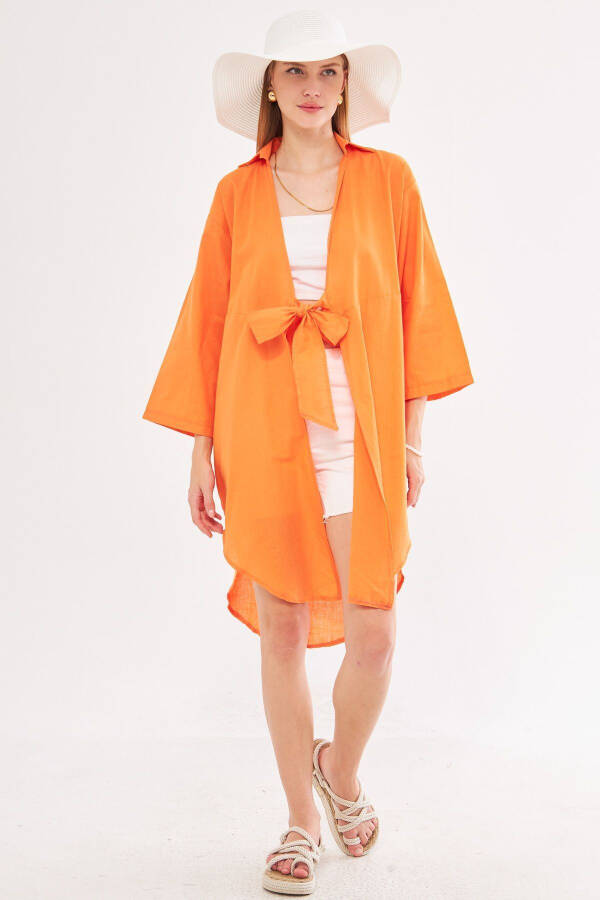 Women's Orange Front-Tie Slim Linen Fabric Midi - 2