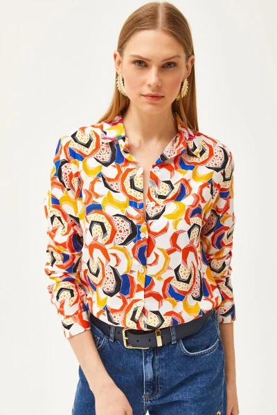Women's Orange Geometric Patterned Woven Shirt GML-19001174 - OLALOOK