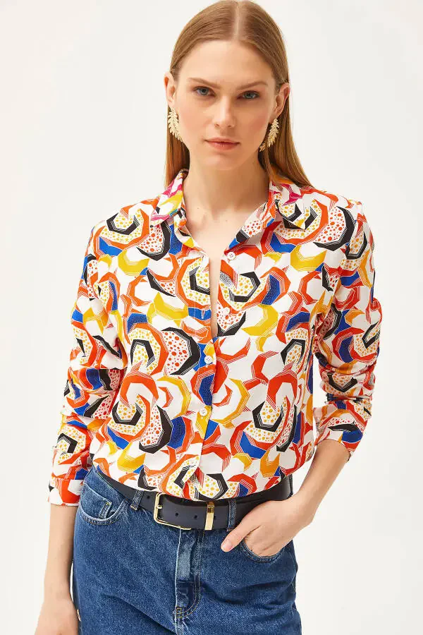 Women's Orange Geometric Patterned Woven Shirt GML-19001174 - 3