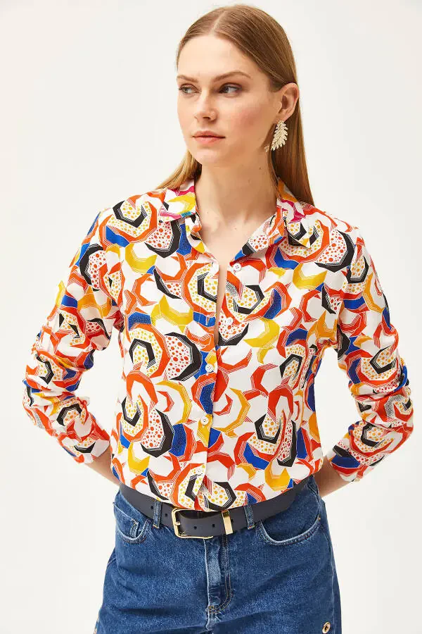 Women's Orange Geometric Patterned Woven Shirt GML-19001174 - 4