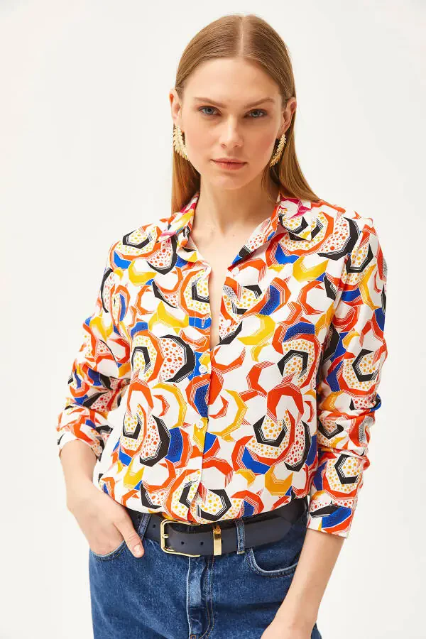 Women's Orange Geometric Patterned Woven Shirt GML-19001174 - 5