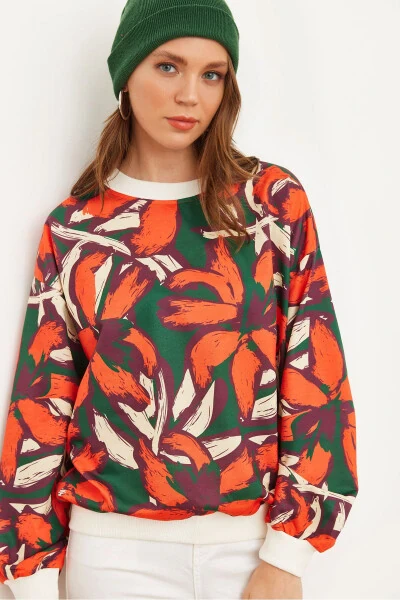 Women's Orange Green Basic Soft Textured Loose Sweatshirt SWT-19000457 - 1