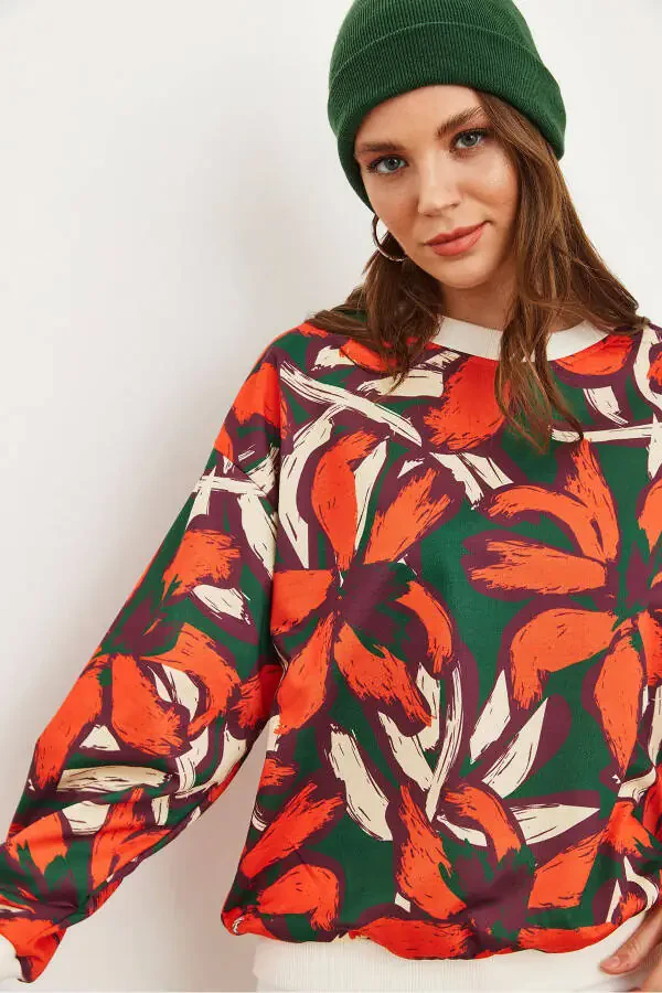 Women's Orange Green Basic Soft Textured Loose Sweatshirt SWT-19000457 - 5