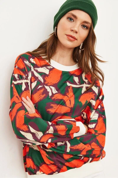 Women's Orange Green Basic Soft Textured Loose Sweatshirt SWT-19000457 - 6