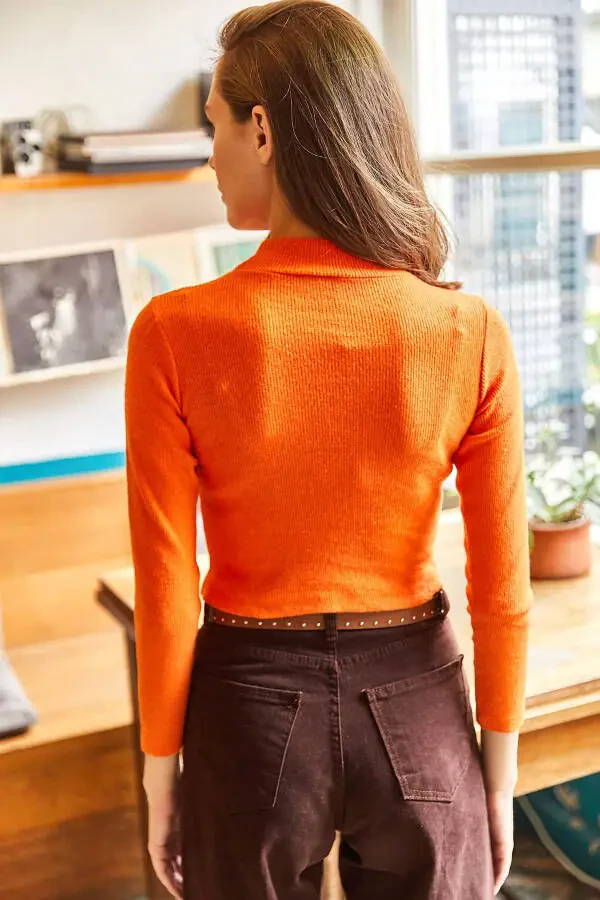 Women's Orange Half Turtleneck Corded Crop Sweater KZK-19000450 - 6