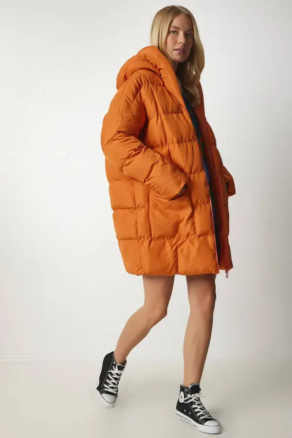 Women's Orange Hooded Oversized Puffer Jacket NT00429 - 1
