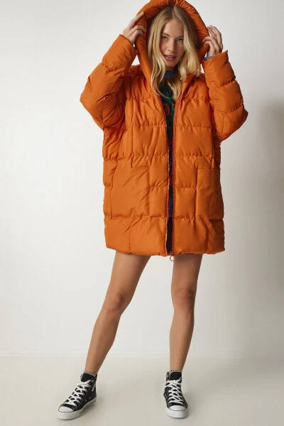 Women's Orange Hooded Oversized Puffer Jacket NT00429 - HAPPINESS İSTANBUL (1)