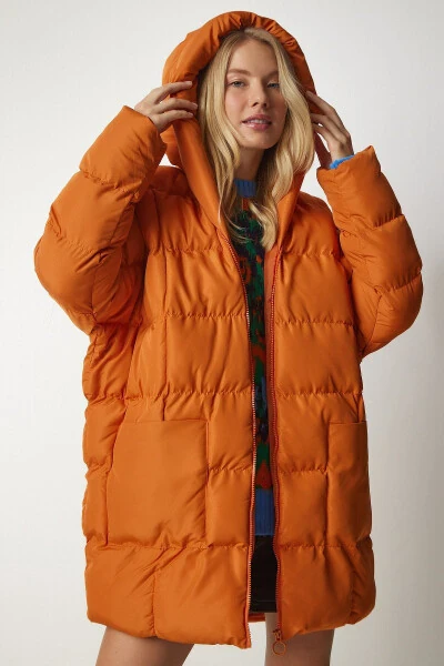 Women's Orange Hooded Oversized Puffer Jacket NT00429 - 3