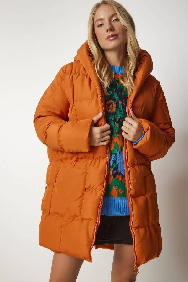 Women's Orange Hooded Oversized Puffer Jacket NT00429 - 4