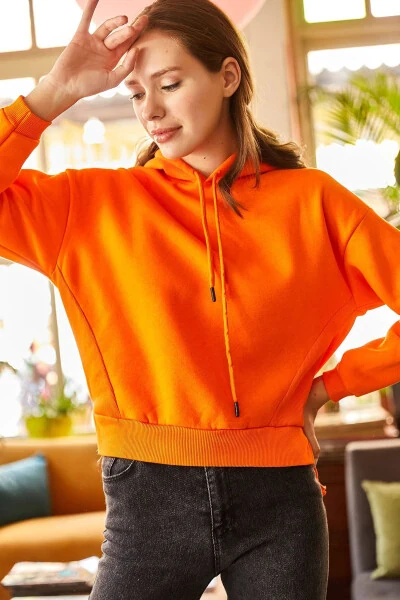 Women's Orange Hooded Split Corset Detailed Fleece Lined Sweatshirt SWT-19000591 - OLALOOK (1)