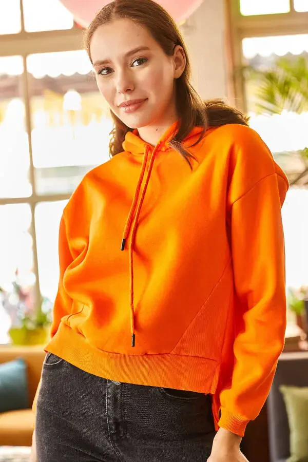 Women's Orange Hooded Split Corset Detailed Fleece Lined Sweatshirt SWT-19000591 - 3