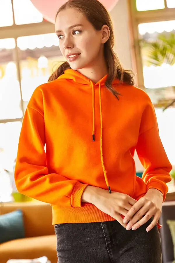 Women's Orange Hooded Split Corset Detailed Fleece Lined Sweatshirt SWT-19000591 - 4