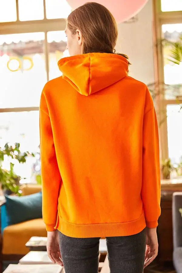 Women's Orange Hooded Split Corset Detailed Fleece Lined Sweatshirt SWT-19000591 - 5