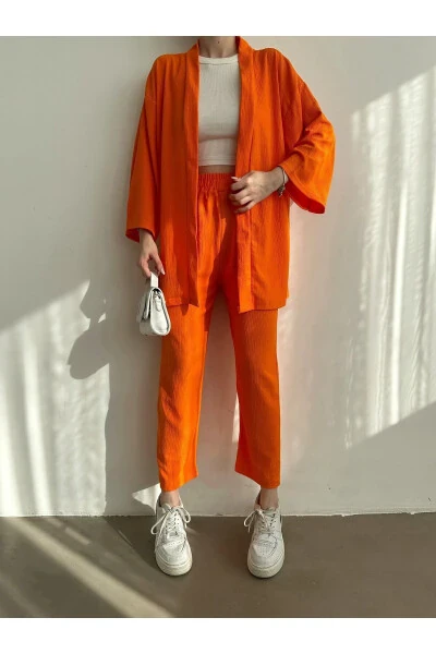 Women's Orange Kimono Knit Suit - 1