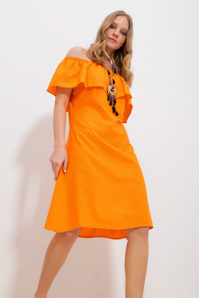 Women's Orange Madonna Collar Self-Patterned Woven Dress ALC-X11810 - 2