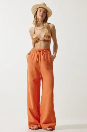 Women's Orange Muslin Palazzo Trousers MX00160 - Orange - 2