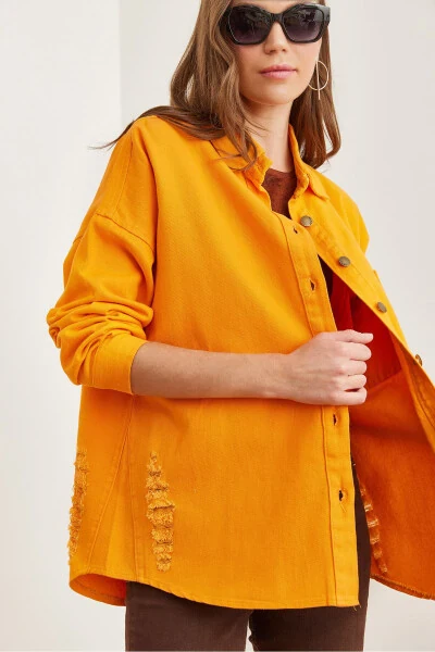 Women's Orange One Pocket Distressed Detail Cotton Gabardine Jacket CKT-19000387 - 1