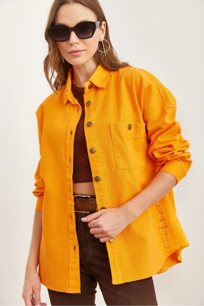 Women's Orange One Pocket Distressed Detail Cotton Gabardine Jacket CKT-19000387 - 2