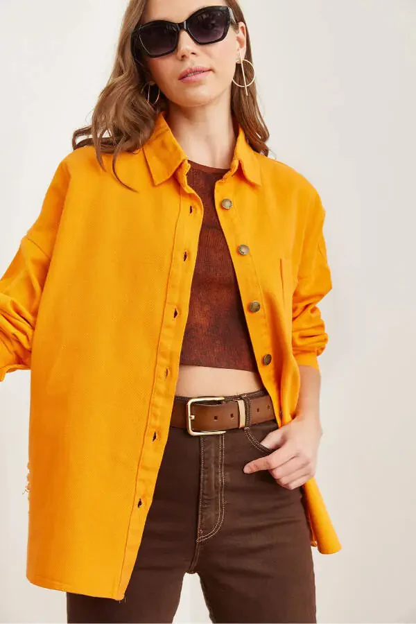 Women's Orange One Pocket Distressed Detail Cotton Gabardine Jacket CKT-19000387 - 3