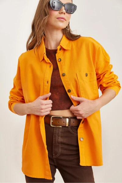 Women's Orange One Pocket Distressed Detail Cotton Gabardine Jacket CKT-19000387 - 4