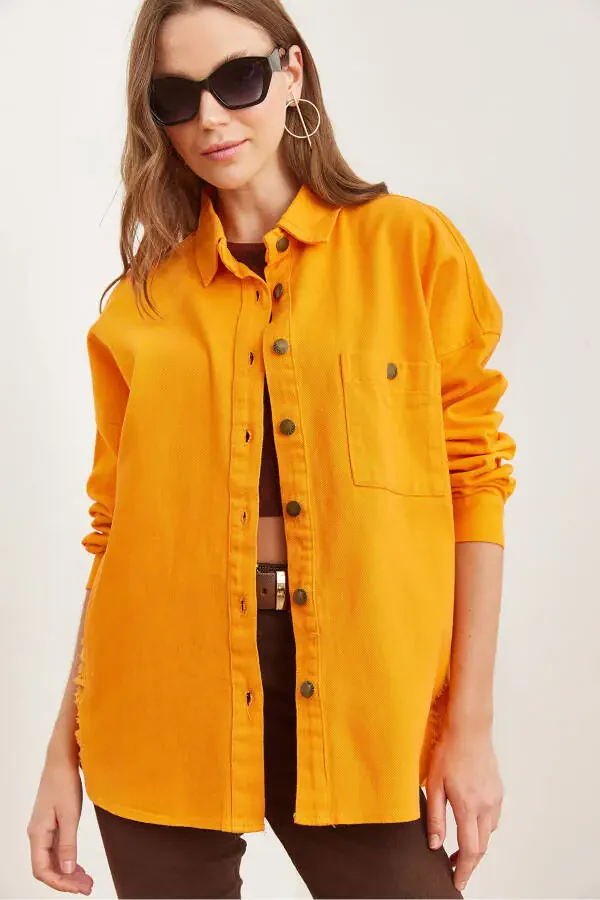 Women's Orange One Pocket Distressed Detail Cotton Gabardine Jacket CKT-19000387 - 5