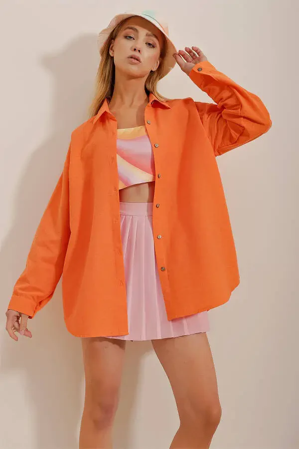 Women's Orange Oversize Linen Shirt ALC-X10343 - 3