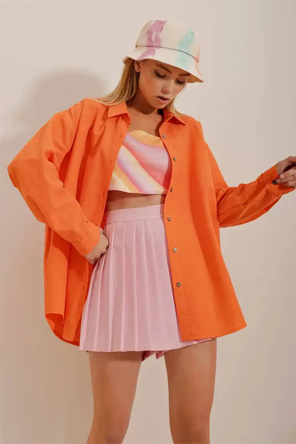 Women's Orange Oversize Linen Shirt ALC-X10343 - 4