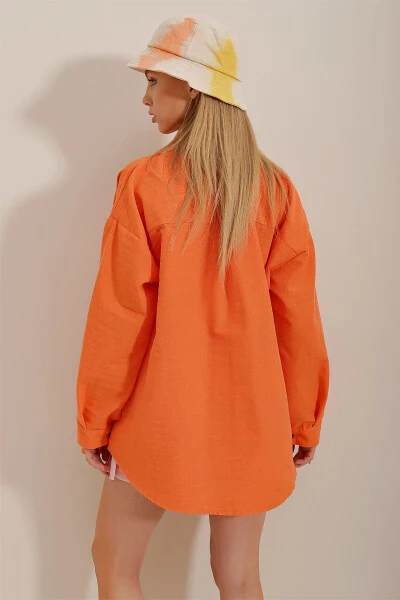 Women's Orange Oversize Linen Shirt ALC-X10343 - 5