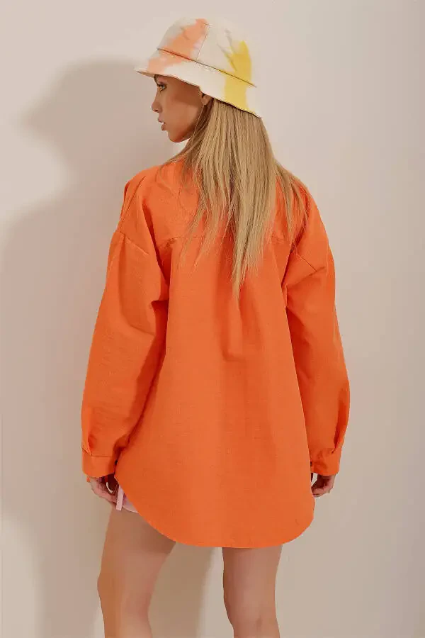 Women's Orange Oversize Linen Shirt ALC-X10343 - 5