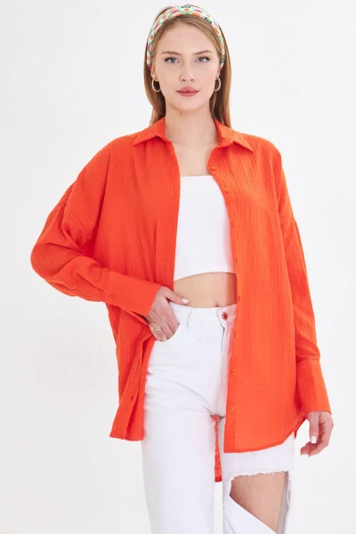 Women's Orange Oversized Textured Linen Look Wide Sleeve Shirt ARM-24K001001 - armonika