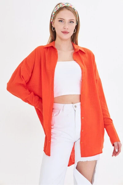 Women's Orange Oversized Textured Linen Look Wide Sleeve Shirt ARM-24K001001 - 3