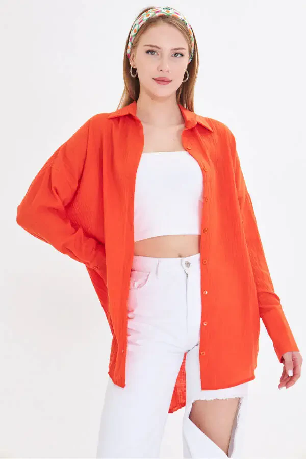 Women's Orange Oversized Textured Linen Look Wide Sleeve Shirt ARM-24K001001 - 3