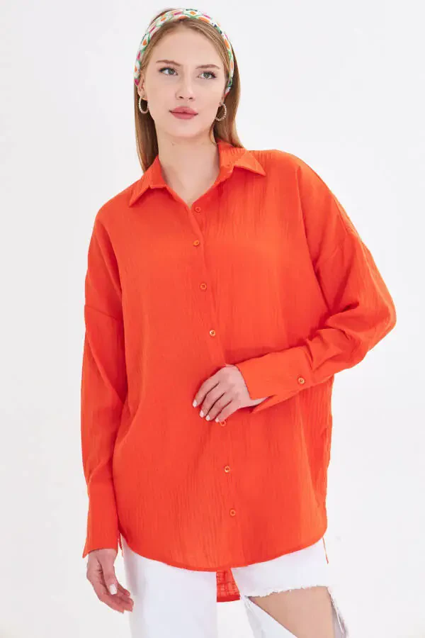 Women's Orange Oversized Textured Linen Look Wide Sleeve Shirt ARM-24K001001 - 4