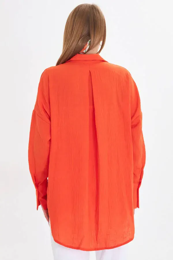 Women's Orange Oversized Textured Linen Look Wide Sleeve Shirt ARM-24K001001 - 5
