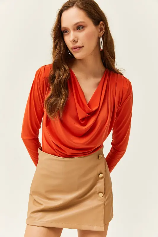 Women's Orange Padded Shoulder Pleated Cowl Neck Blouse BLZ-19002419-Orange - 1