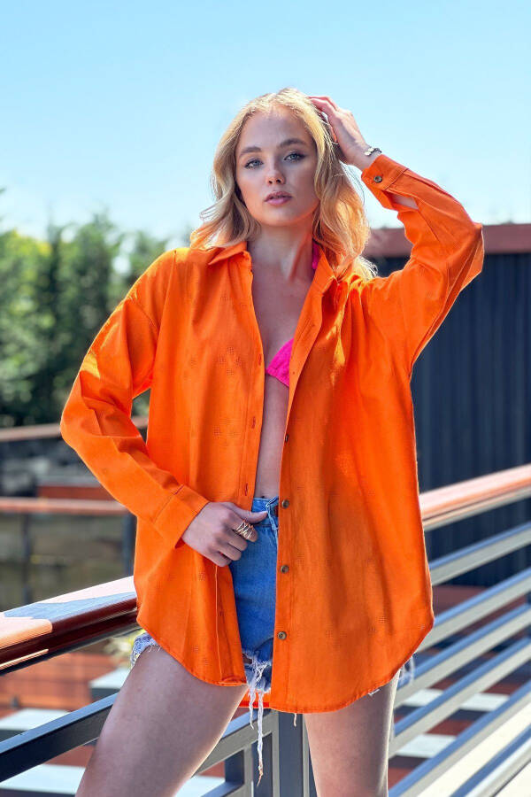 Women's Orange Patterned Oversize Linen Shirt ALC-X11288 - 3