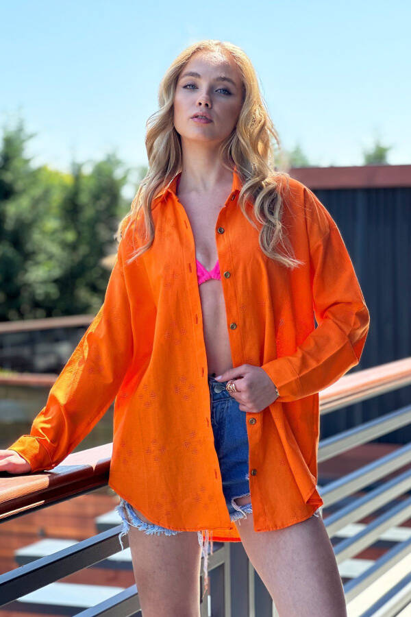 Women's Orange Patterned Oversize Linen Shirt ALC-X11288 - 4