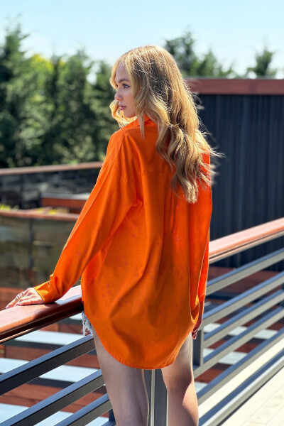 Women's Orange Patterned Oversize Linen Shirt ALC-X11288 - 6