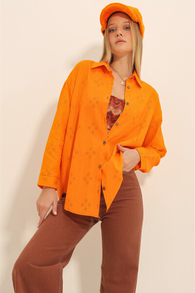 Women's Orange Patterned Oversize Linen Shirt ALC-X11288 - 7