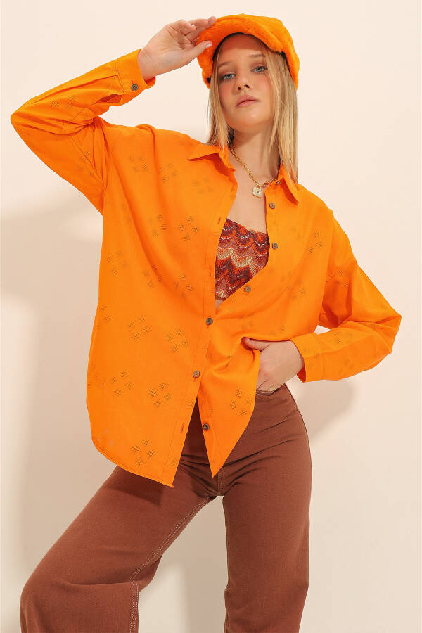 Women's Orange Patterned Oversize Linen Shirt ALC-X11288 - 8
