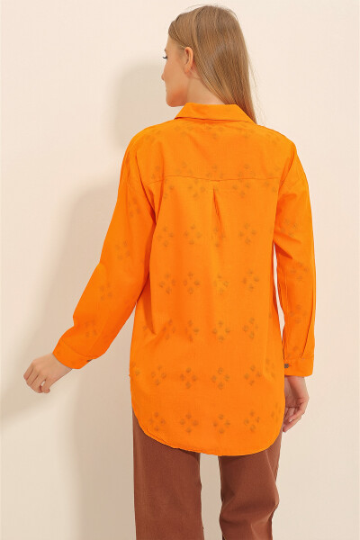 Women's Orange Patterned Oversize Linen Shirt ALC-X11288 - 9