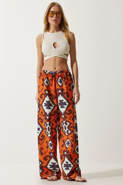 Women's Orange Patterned Raw Linen Palazzo Pants BH00397 - HAPPINESS İSTANBUL