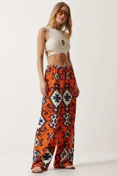 Women's Orange Patterned Raw Linen Palazzo Pants BH00397 - HAPPINESS İSTANBUL (1)