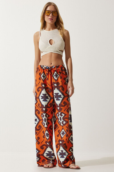 Women's Orange Patterned Raw Linen Palazzo Pants BH00397 